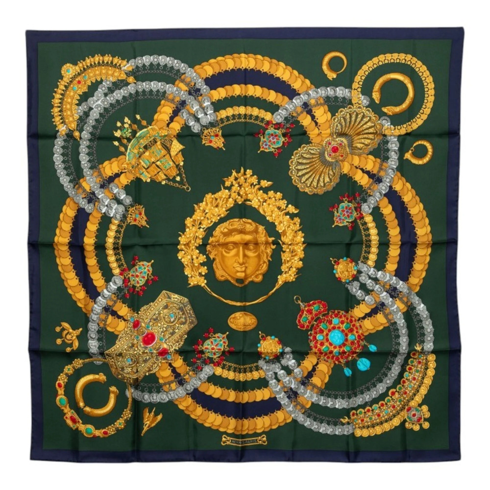 Hermes Carre 90 Kosmima Space Scarf/Muffler, Navy Green Multicolor Silk, Women's